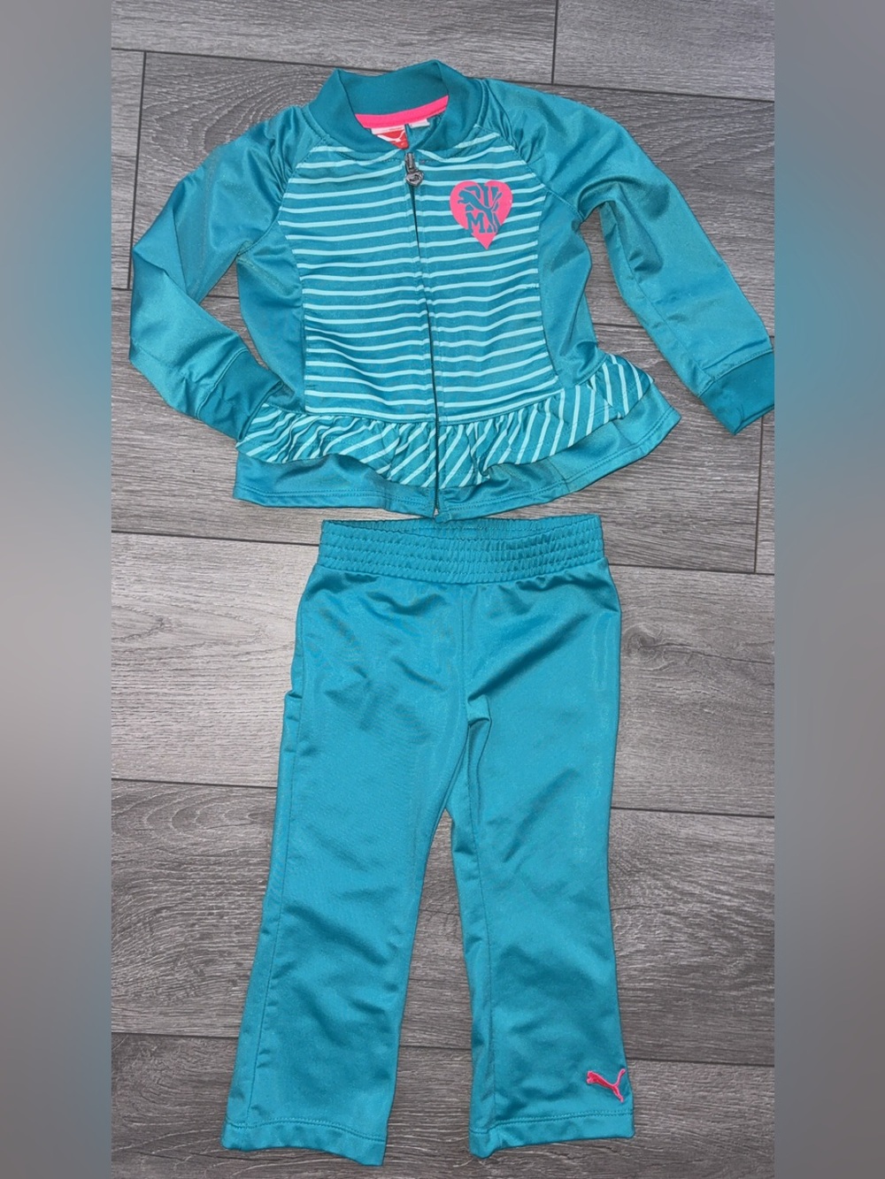 PUMA Girls 3T 2 Pc Outfit Set Striped Full Zip Jacket & Pants Blue Pink